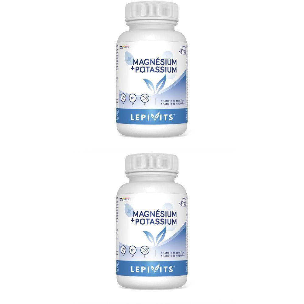 Deux flacons blancs de gélules. Inscription: Magnésium + Potassium, Lepivits. Éléments bleus et verts.