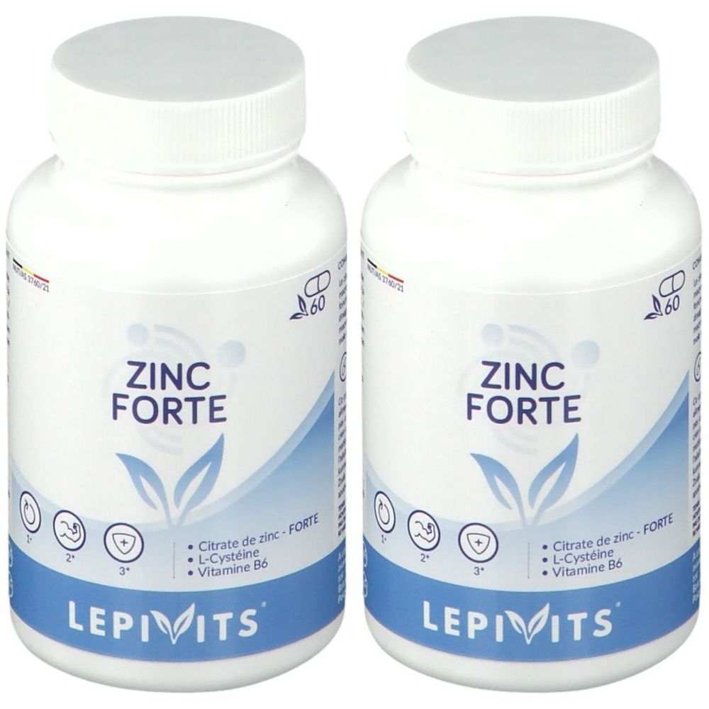 Deux flacons blancs avec bouchons à vis. Inscription: ZINC FORTE, LEPIVITS. Contient du zinc, de la L-cystéine, de la vitamine B6.