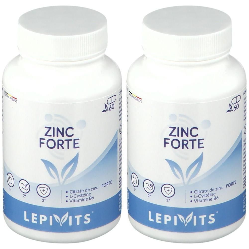 Deux flacons blancs avec bouchons à vis. Inscription: ZINC FORTE, LEPIVITS. Contient du zinc, de la L-cystéine, de la vitamine B6.