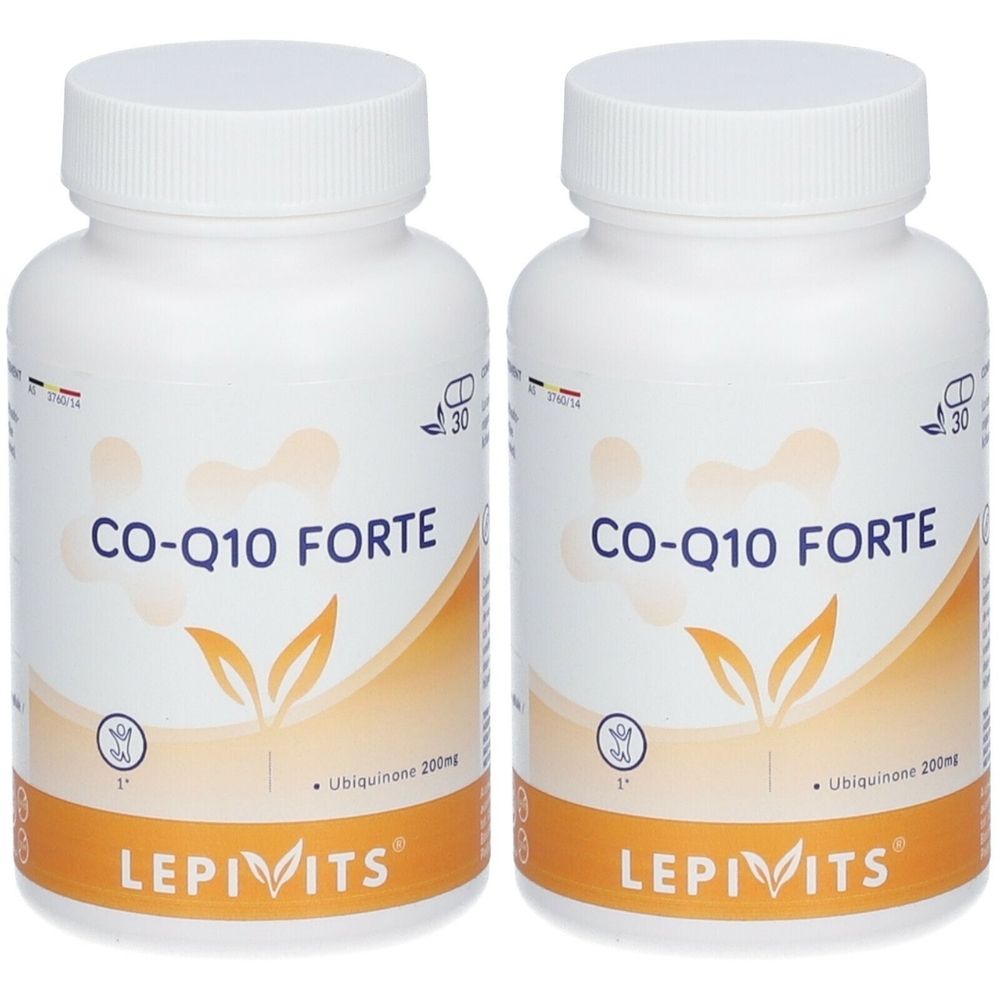 Deux flacons blancs avec bouchons à vis. Inscription : CO-Q10 FORTE, LEPIVITS. Contient de l'ubiquinone 200mg. Chaque flacon présente un graphisme de feuilles.