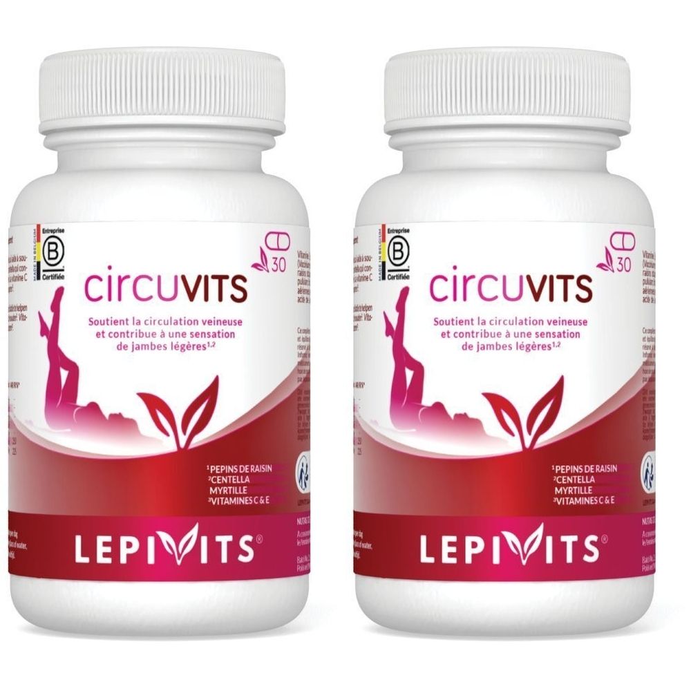 Deux flacons blancs avec étiquette circuVITS. Inscription: LEPIVITS. Contient 30 gélules. Logo de certification.