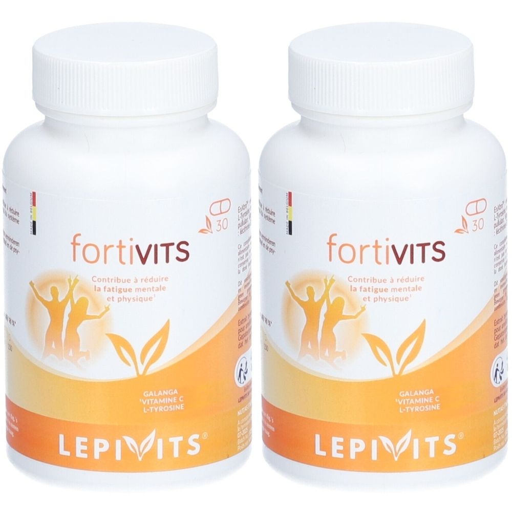 Deux flacons de pilules blancs avec bouchons à vis. Inscription fortivITS, LEPIVITS. Autocollant orange avec texte et illustrations.