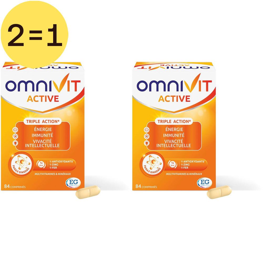 Deux boîtes d'Omnivit Active. Emballage orange avec texte blanc. Contient 84 comprimés. Deux comprimés devant.