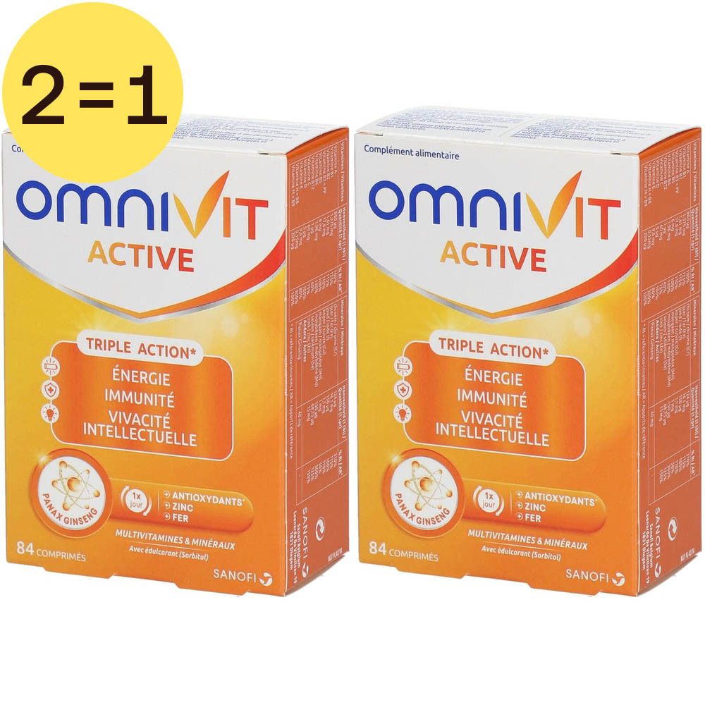 Deux boîtes d'Omnivit Active. Emballage orange avec texte blanc. Contient 84 comprimés. Inscription : Triple Action, Énergie, Immunité, etc.