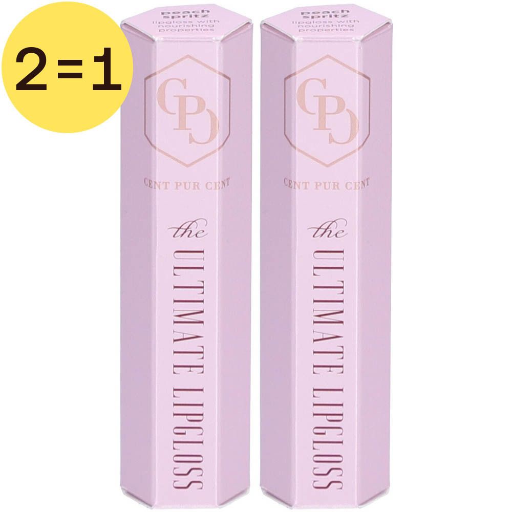 Deux boîtes roses allongées avec texte. En haut à gauche : cercle jaune avec "2=1". Inscription : "Cent Pur Cent The Ultimate Lipgloss".