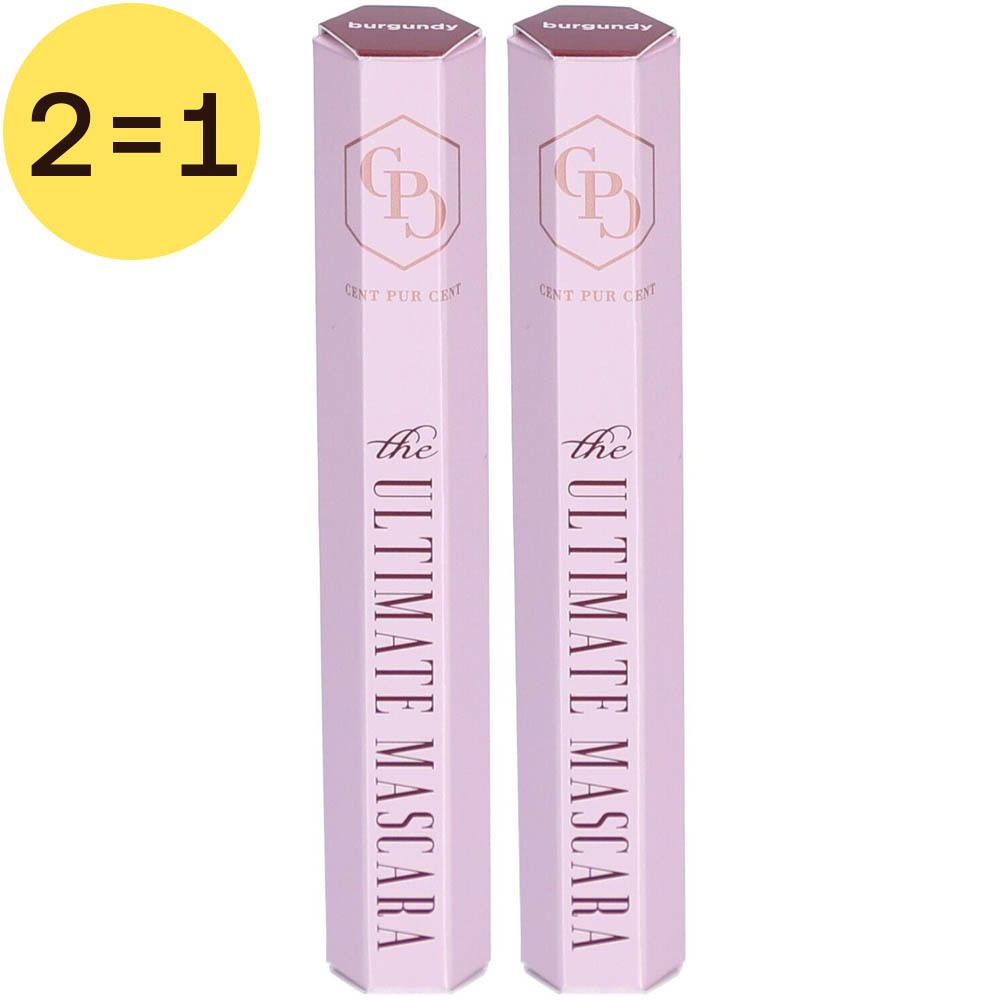 Deux mascaras roses dans des emballages octogonaux. Inscription : "Cent Pur Cent The Ultimate Mascara Burgundy 2 pour 1".
