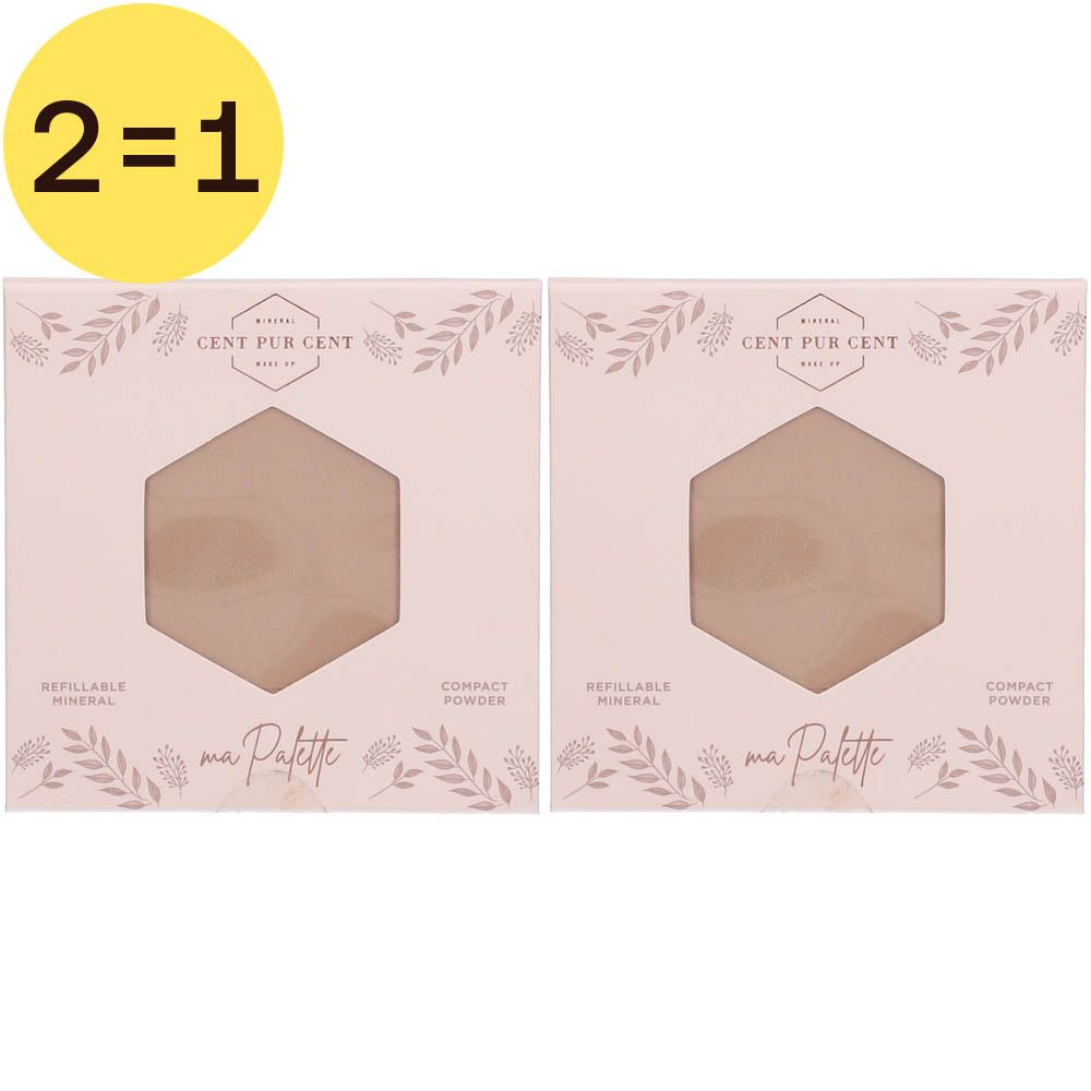 Deux boîtiers carrés roses de poudre compacte avec découpe hexagonale. Inscription : Cent Pur Cent, Refillable Mineral Compact Powder.