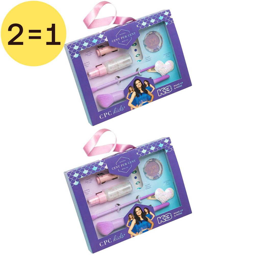 Coffret de maquillage. Boîte violette avec produits. Contient pinceaux, fard à paupières, flacons et applicateurs. Logo CPC kids et K3.