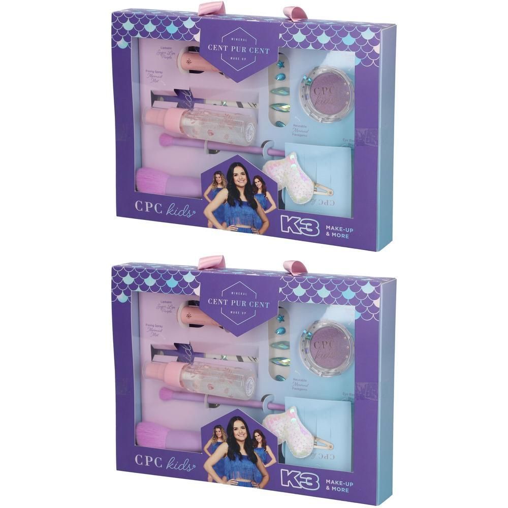 Coffret de maquillage. Boîte violette avec produits. Contient pinceaux, fard à paupières, flacons et applicateurs. Logo CPC kids et K3.