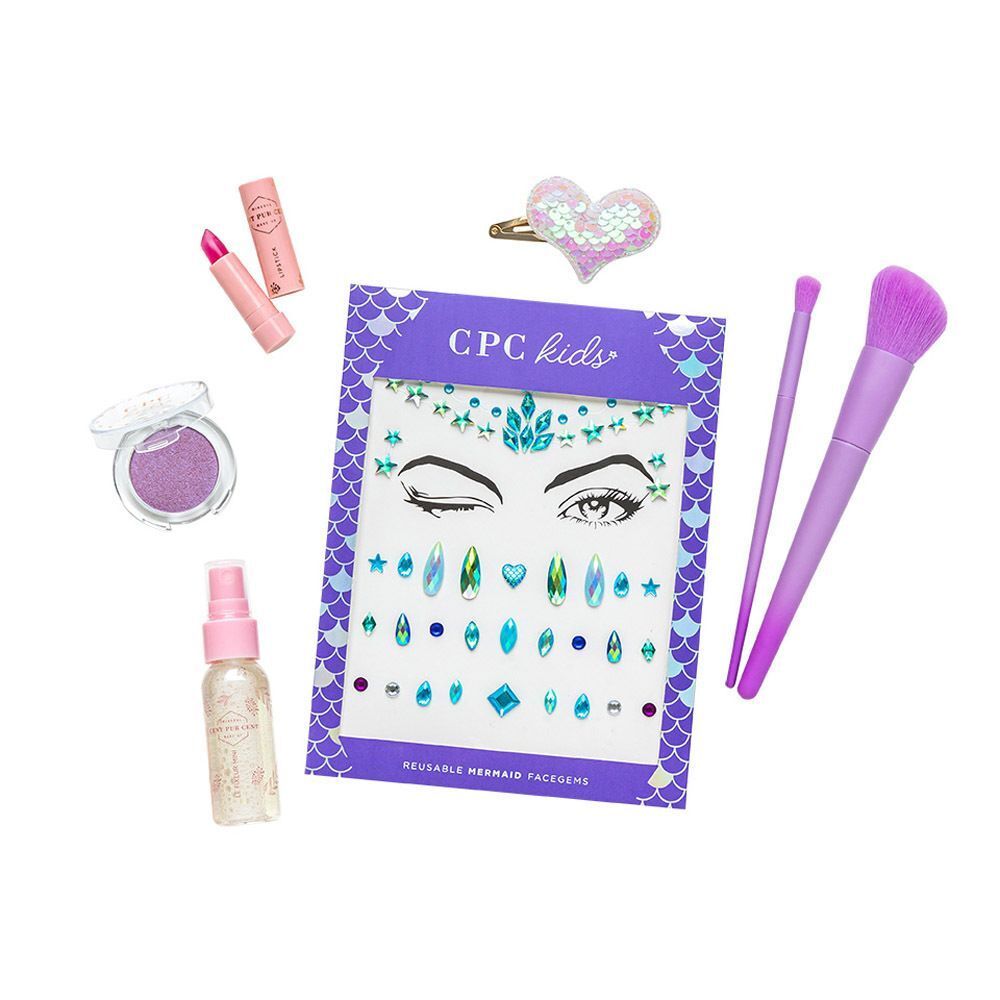 Coffret de maquillage pour enfants avec fard à paupières, rouge à lèvres, autocollants scintillants, tatouages faciaux et pinceaux.
