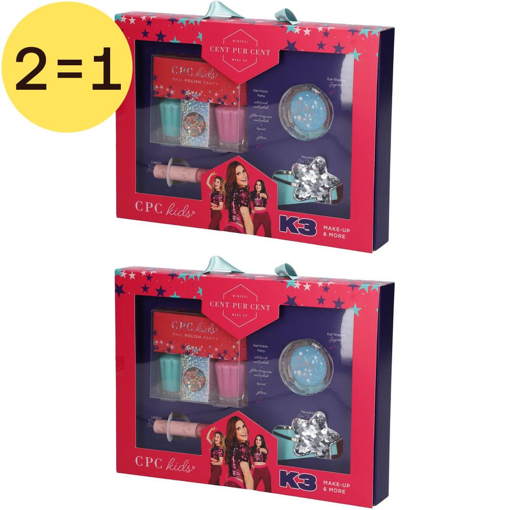 Deux coffrets cosmétiques. Chaque coffret contient vernis à ongles, rouge à lèvres, fard à paupières et applicateur étoile. Boîte rouge.