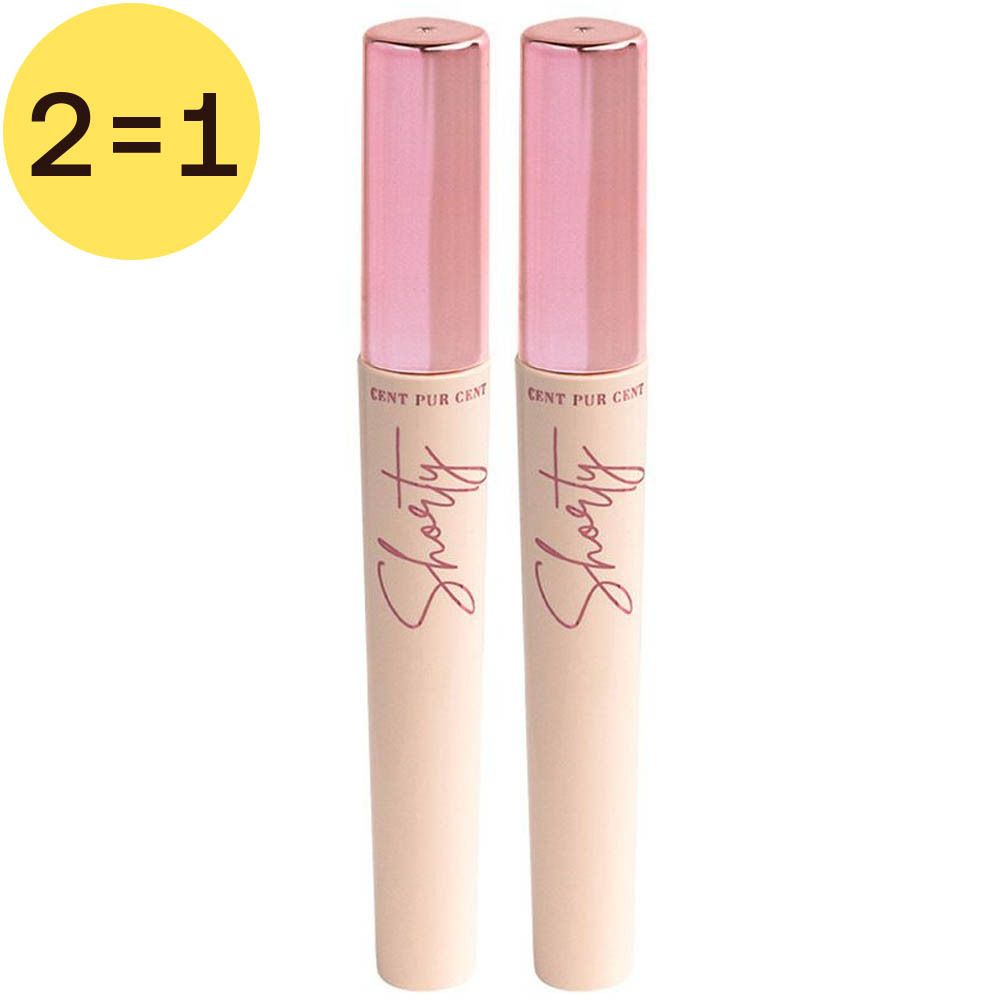 Deux mascaras Cent Pur Cent Shorty Noir. Bouchons roses, étuis crème. Inscription: Shorty.