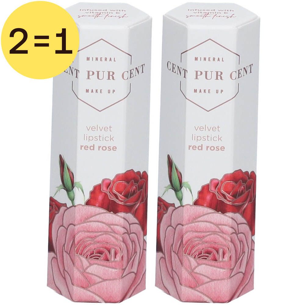 Deux boîtes de rouge à lèvres Cent Pur Cent Velvet Red Rose. Emballage hexagonal blanc avec motif de rose et nom du produit.