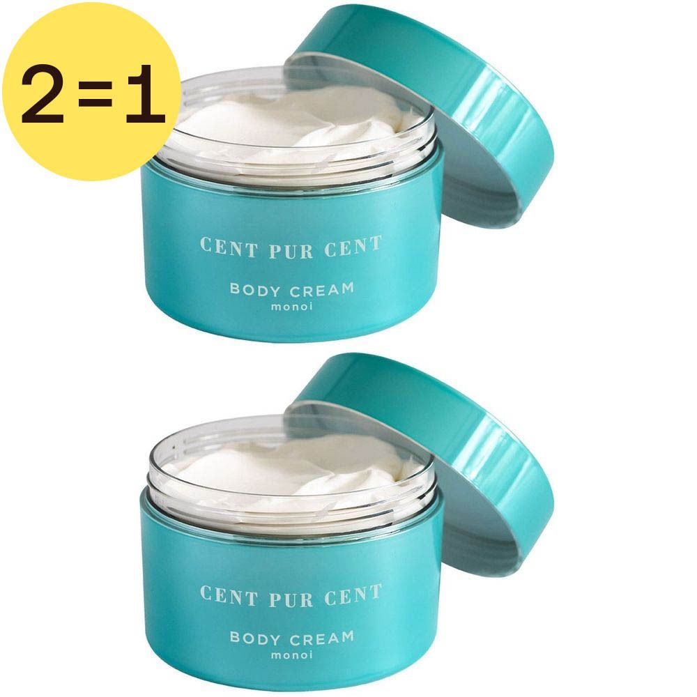 Deux pots ouverts Cent Pur Cent Body Cream Monoi. Couvercles turquoise, crème visible. Cercle jaune "2=1".