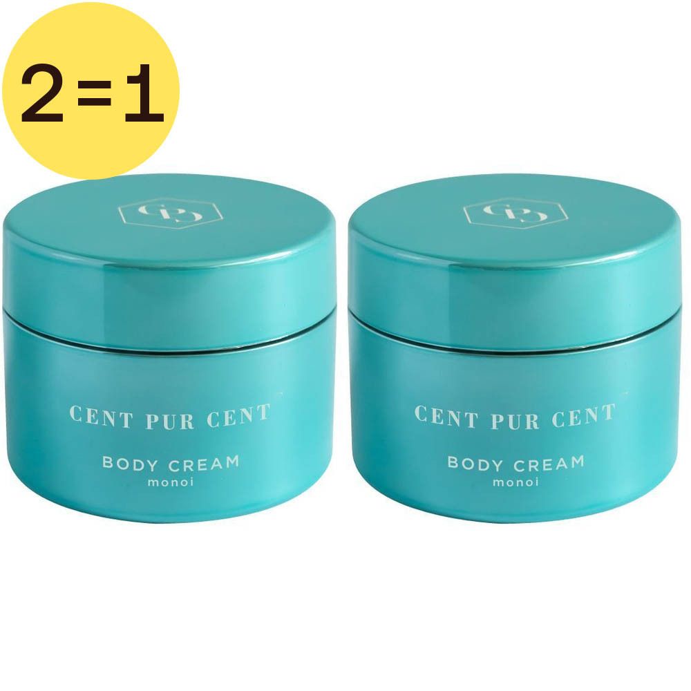 Deux pots turquoise Cent Pur Cent Body Cream Monoi. Couvercles avec logo. Cercle jaune avec "2=1".