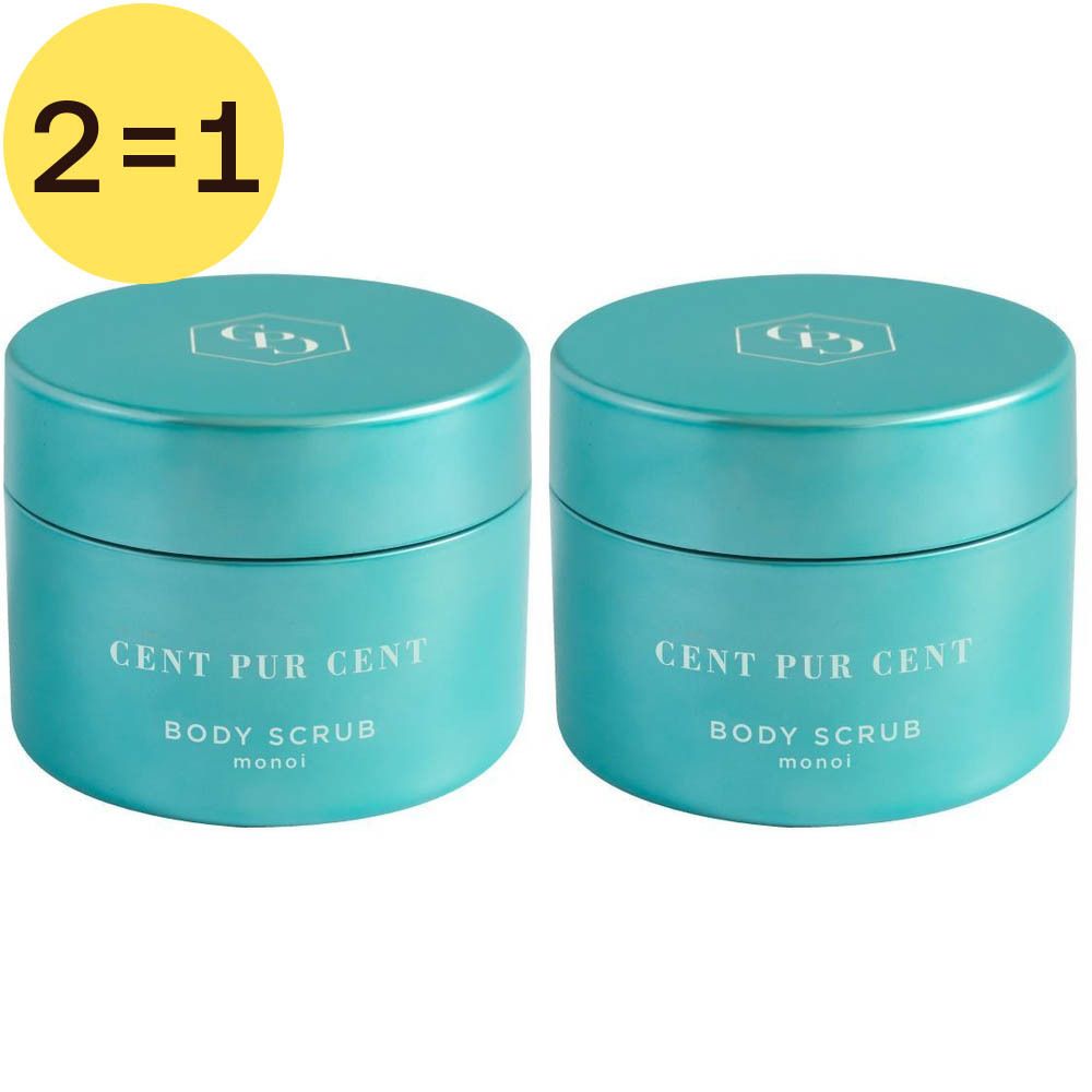 Deux pots turquoise avec couvercles. Inscription : Cent Pur Cent Body Scrub Monoi. Étiquette jaune : 2=1.
