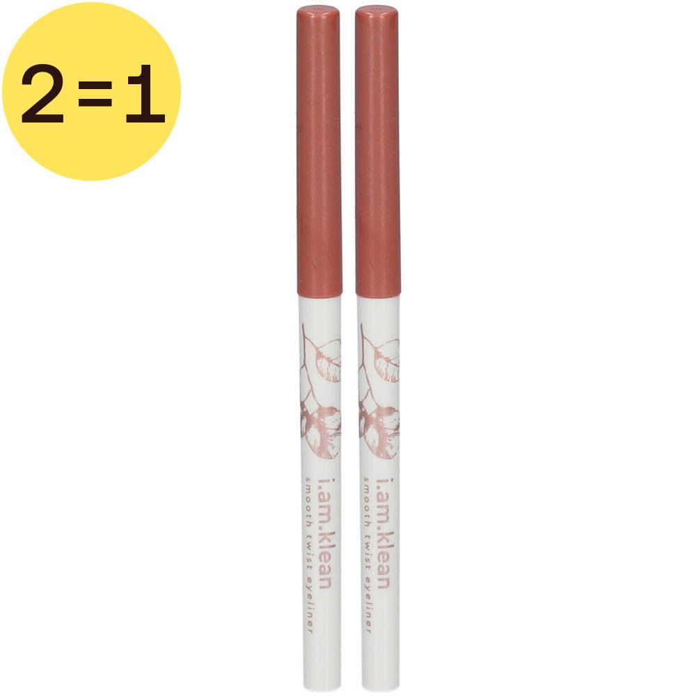 Deux crayons pour les yeux i.am.klean Smooth Twist Rose Gold. Bâton blanc avec motif floral. Cercle jaune avec "2=1".