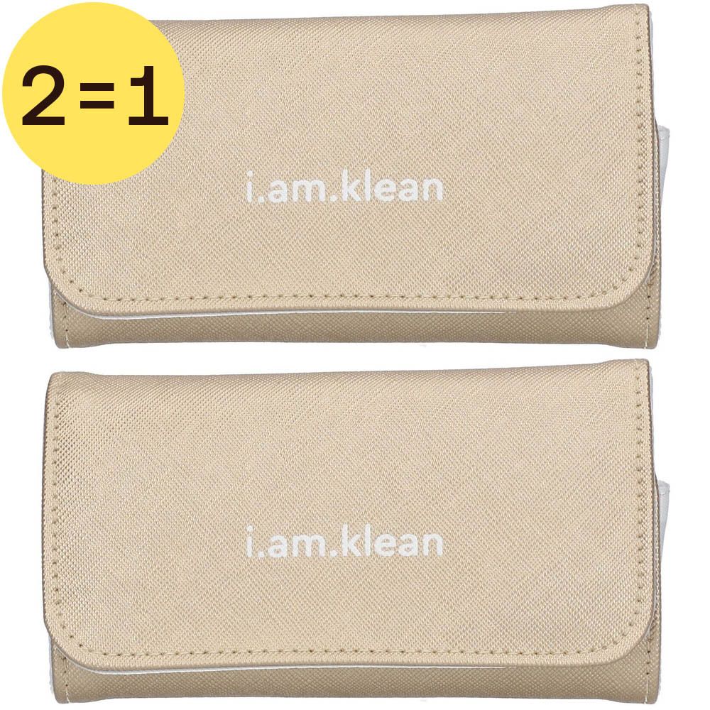 Deux étuis beiges avec le texte "i.am.klean". En haut à gauche, un cercle jaune avec "2=1".