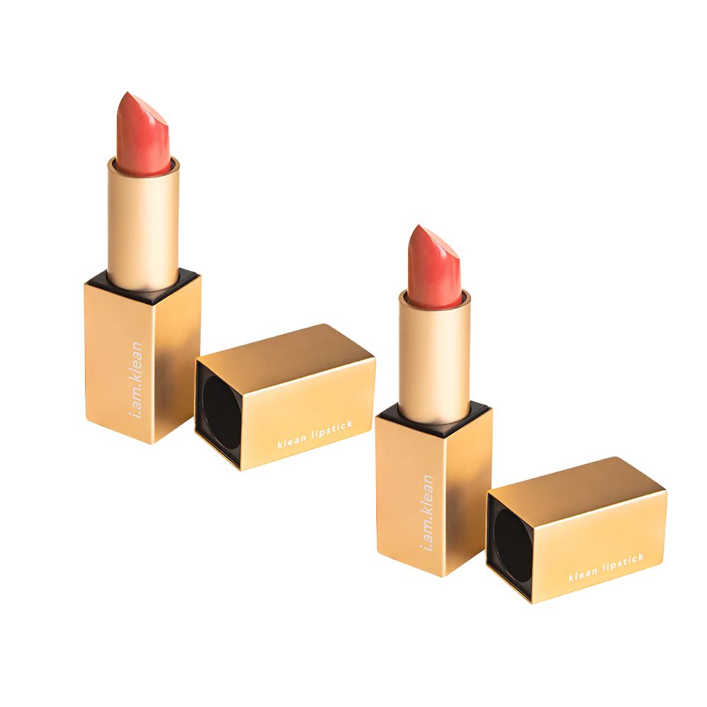 Deux boîtes de rouge à lèvres dorées. Inscription : i.am.klean, Klean lipstick. Cercle jaune avec "2=1".