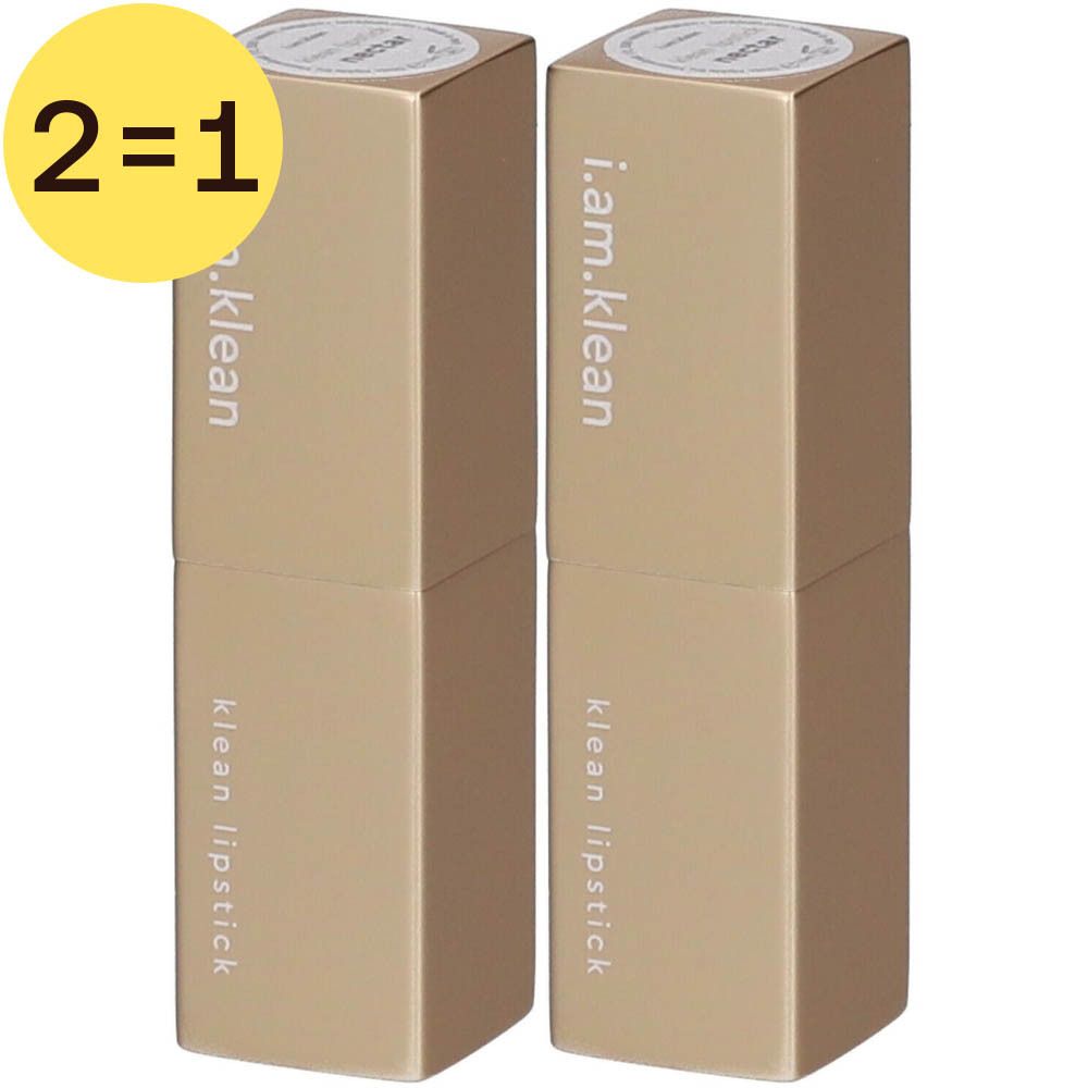 Deux boîtes de rouge à lèvres dorées. Inscription : i.am.klean, Klean lipstick. Cercle jaune avec "2=1".