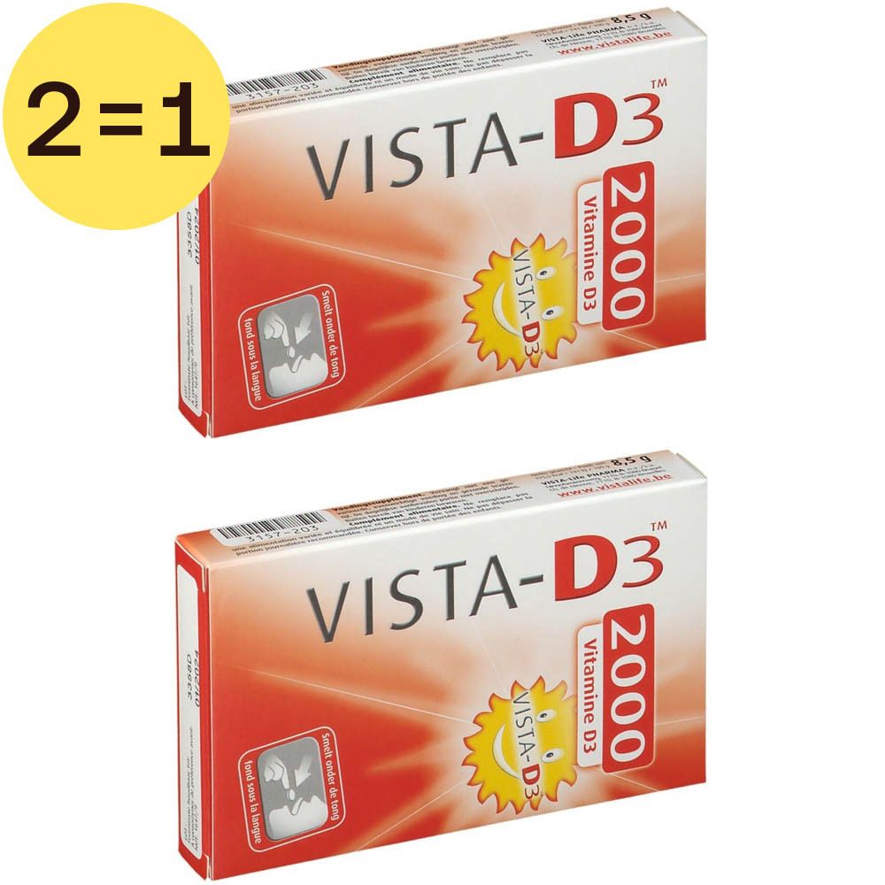 Deux boîtes de VISTA-D3 2000 vitamine D3. Emballage rouge et blanc avec nom et logo du produit. Cercle jaune avec "2=1".