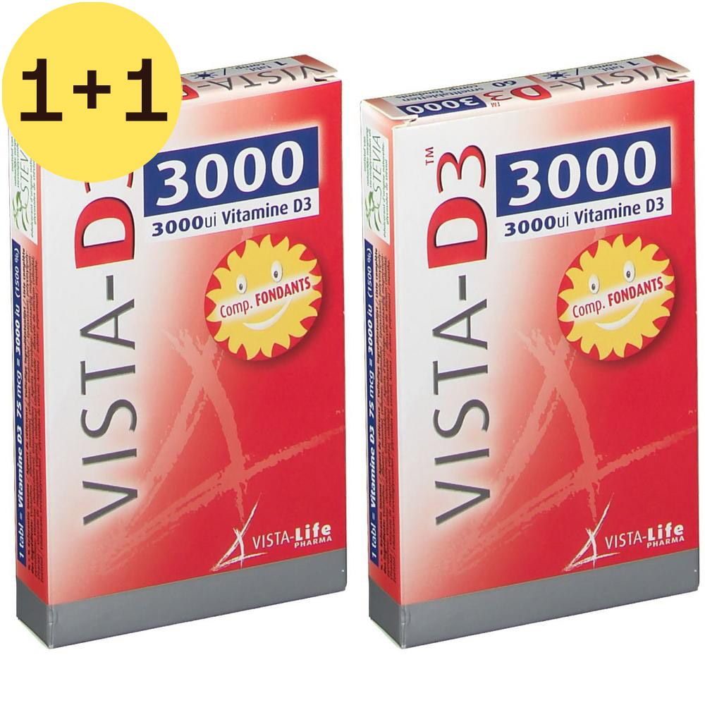 Deux boîtes de VISTA-D3 3000 Vitamine D3. Inscriptions : VISTA-D3, 2=1, Vitamine D3, VISTA-Life. Un motif de soleil est présent sur l'emballage.