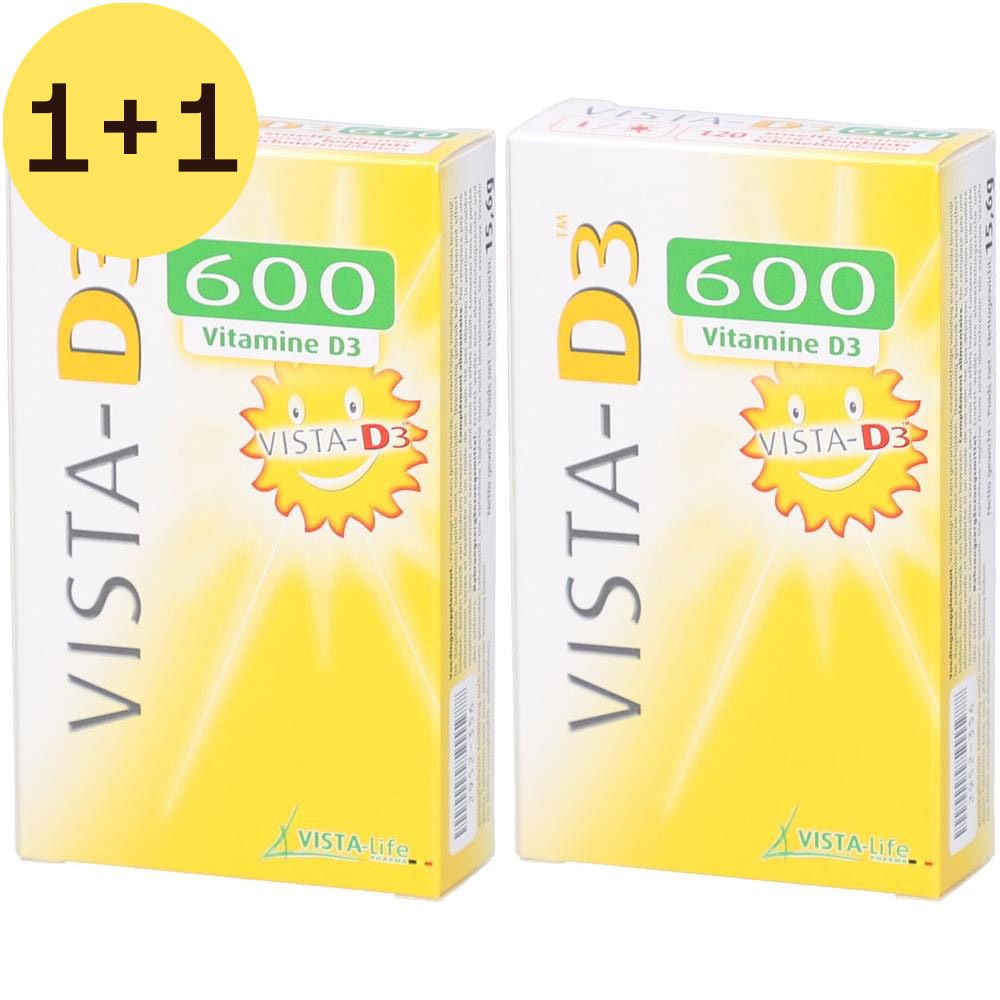 Deux boîtes Vista-D3 600. Inscription: 600ui Vitamine D3. Emballage jaune avec logo et texte.
