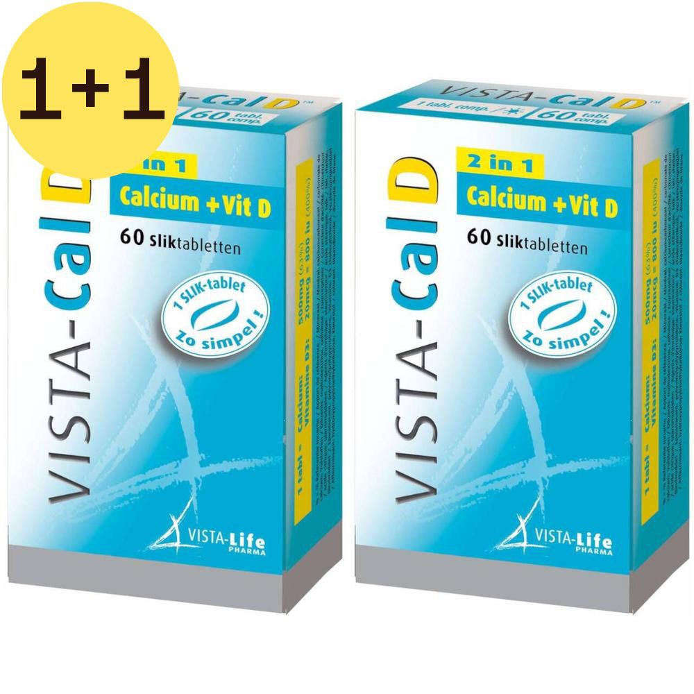 Deux boîtes de VISTA-Cal D. Inscription : Calcium + Vit D, 60 comprimés. Logo VISTA-Life Pharma.
