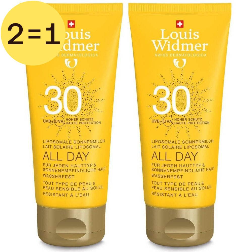 Deux tubes jaunes Louis Widmer All Day SPF30. Inscription: 30, All Day, Lait solaire liposomale. Autocollant 2=1.