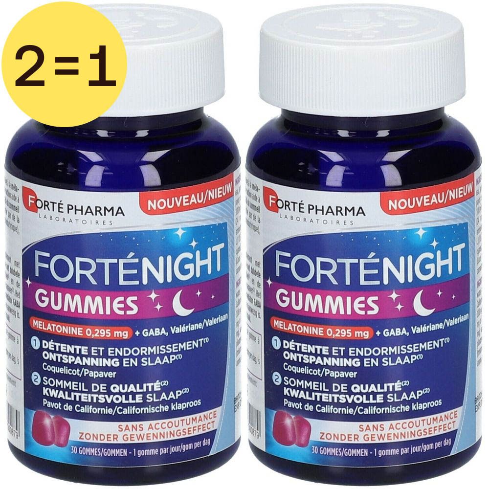 Deux flacons de FortéNight Gummies. Flacons bleus, bouchons blancs. Inscription: FortéNight Gummies, 2=1.