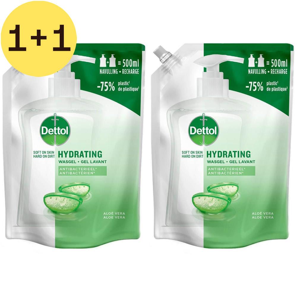 Deux recharges de gel lavant hydratant Dettol avec offre 1+1 gratuit. Emballage blanc avec accent vert.