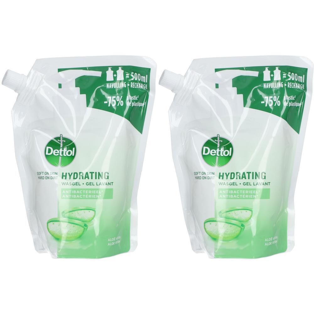 Deux recharges de gel lavant hydratant Dettol. Emballage blanc avec accent vert. Motif aloe vera.
