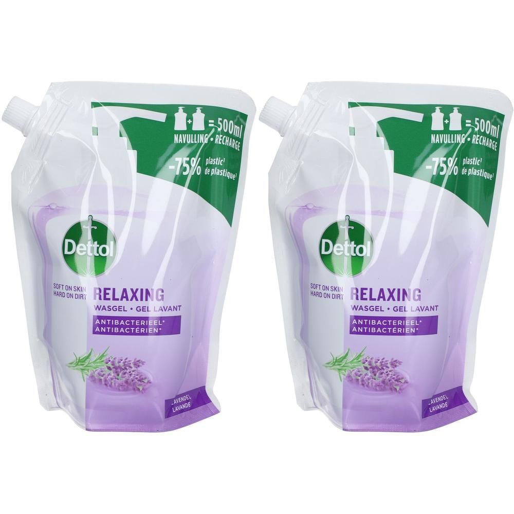 Deux recharges Dettol Relaxing Gel Lavant, lavande. Antibactérien. Emballage blanc avec éléments verts et violets.