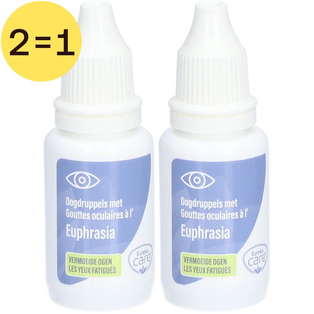 Deux flacons blancs de gouttes oculaires. Inscription bleue: Euphrasia, Eureka Care. Cercle jaune: 2=1.