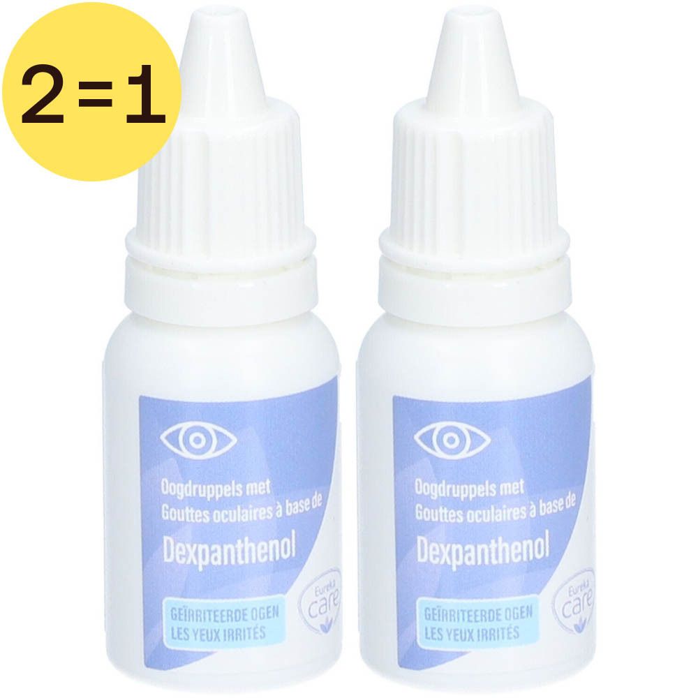 Deux flacons blancs de gouttes oculaires avec étiquettes bleues. Inscription: Dexpanthenol. Symbole jaune 2=1.