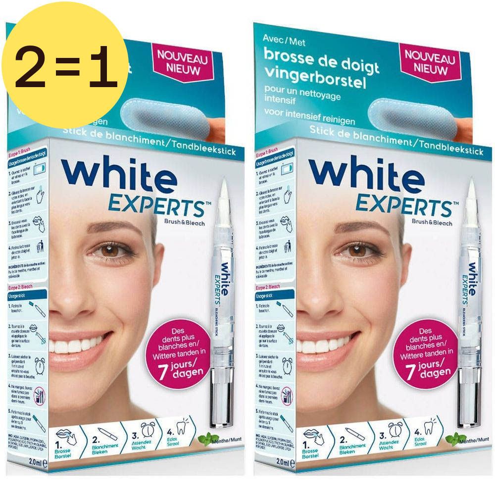 Deux boîtes de White Experts Stick Blanchiment. Brosse doigt incluse. Inscription 2=1. Visage souriant sur l'emballage.