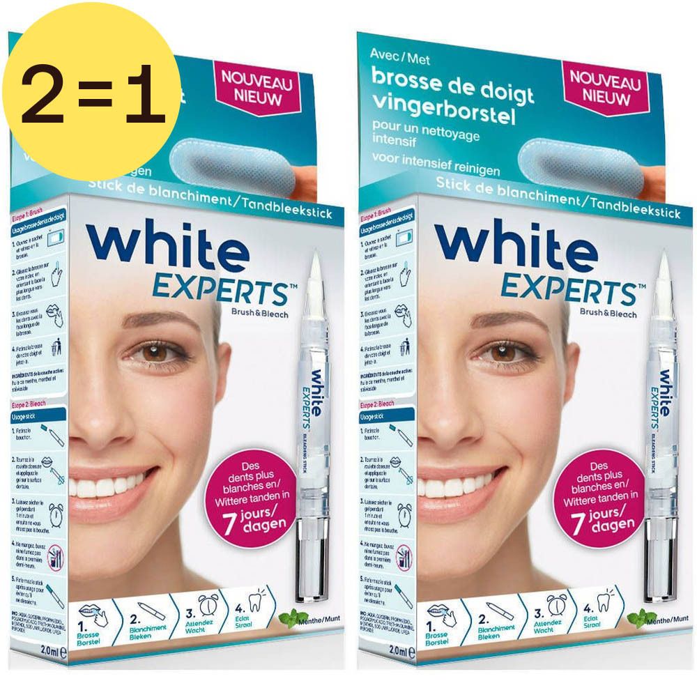 Deux boîtes de White Experts Stick Blanchiment. Brosse doigt incluse. Inscription 2=1. Visage souriant sur l'emballage.