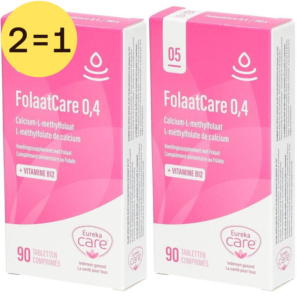 Deux boîtes de Eureka Care® FolaatCare 0,4. Emballage rose avec texte blanc. Inscription : + VITAMINE B12. Avec le chiffre 05.