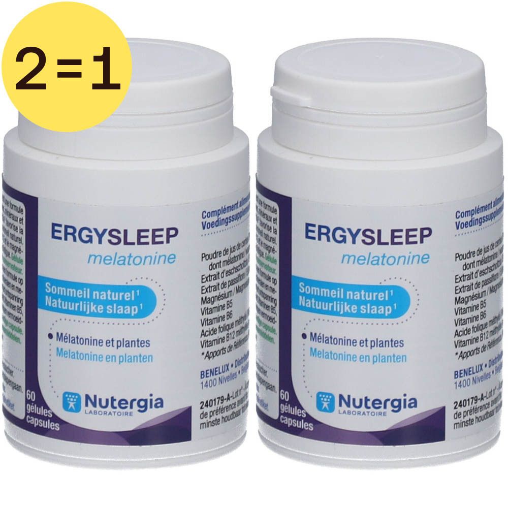 Deux flacons blancs avec étiquette. Inscription: Ergysleep Melatonine, 60 capsules. Marque: Nutergia.
