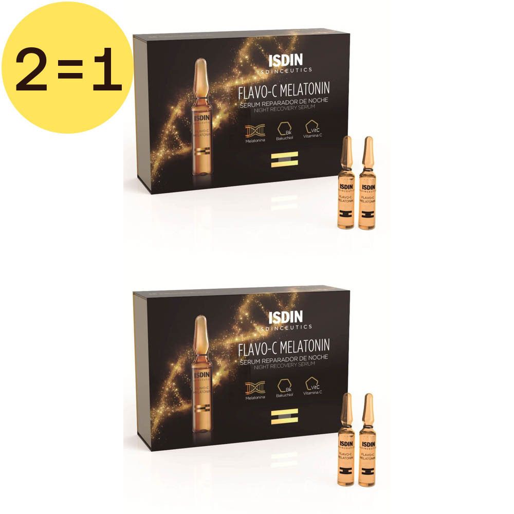Pack de ISDIN Flavo-C Melatonin. Deux boîtes avec ampoules et nom du produit.