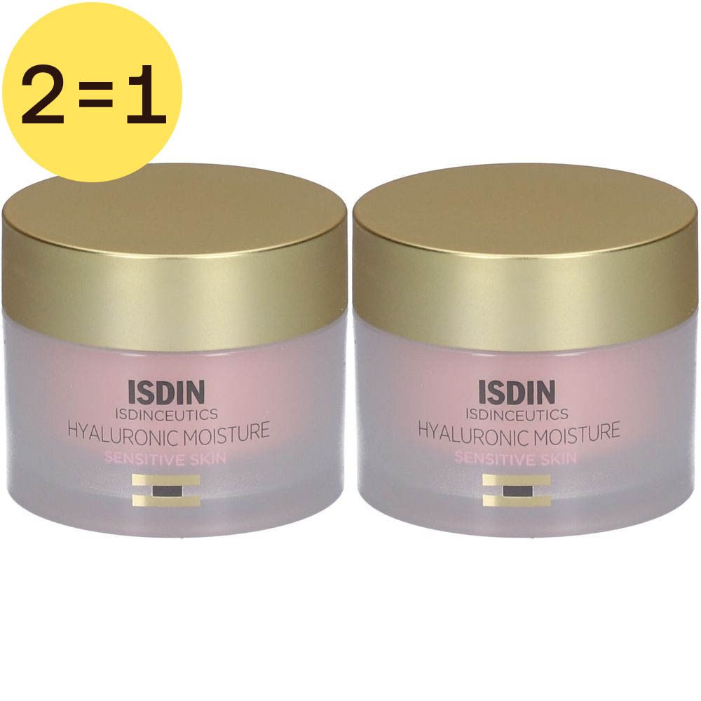Deux pots ISDIN Isdinceutics Hyaluronic Moisture. Couvercles dorés, contenu rose. Inscription: Hyaluronic Moisture Sensitive Skin.