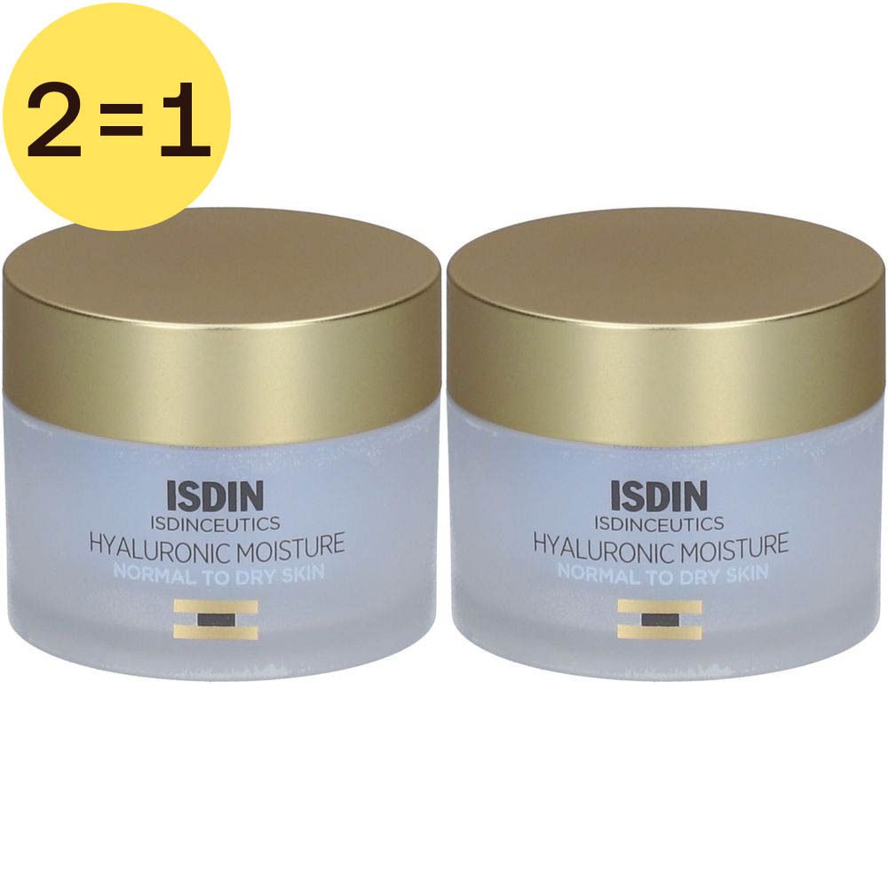 Deux pots avec couvercles dorés. Inscription: ISDIN Isdinceutics Hyaluronic Moisture. Pour peaux normales à sèches.