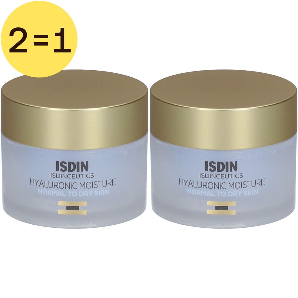 Deux pots avec couvercles dorés. Inscription: ISDIN Isdinceutics Hyaluronic Moisture. Pour peaux normales à sèches.