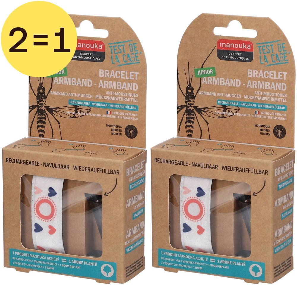 Deux bracelets Manouka Junior Anti-Moustiques en emballage carton. Motifs cœurs et cercles sur bracelet blanc. Inscription 2=1.
