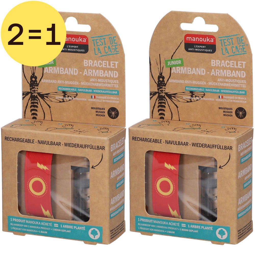 Deux boîtes de bracelets anti-moustiques. Emballage en carton avec nom et logo du produit. Autocollant "2=1".