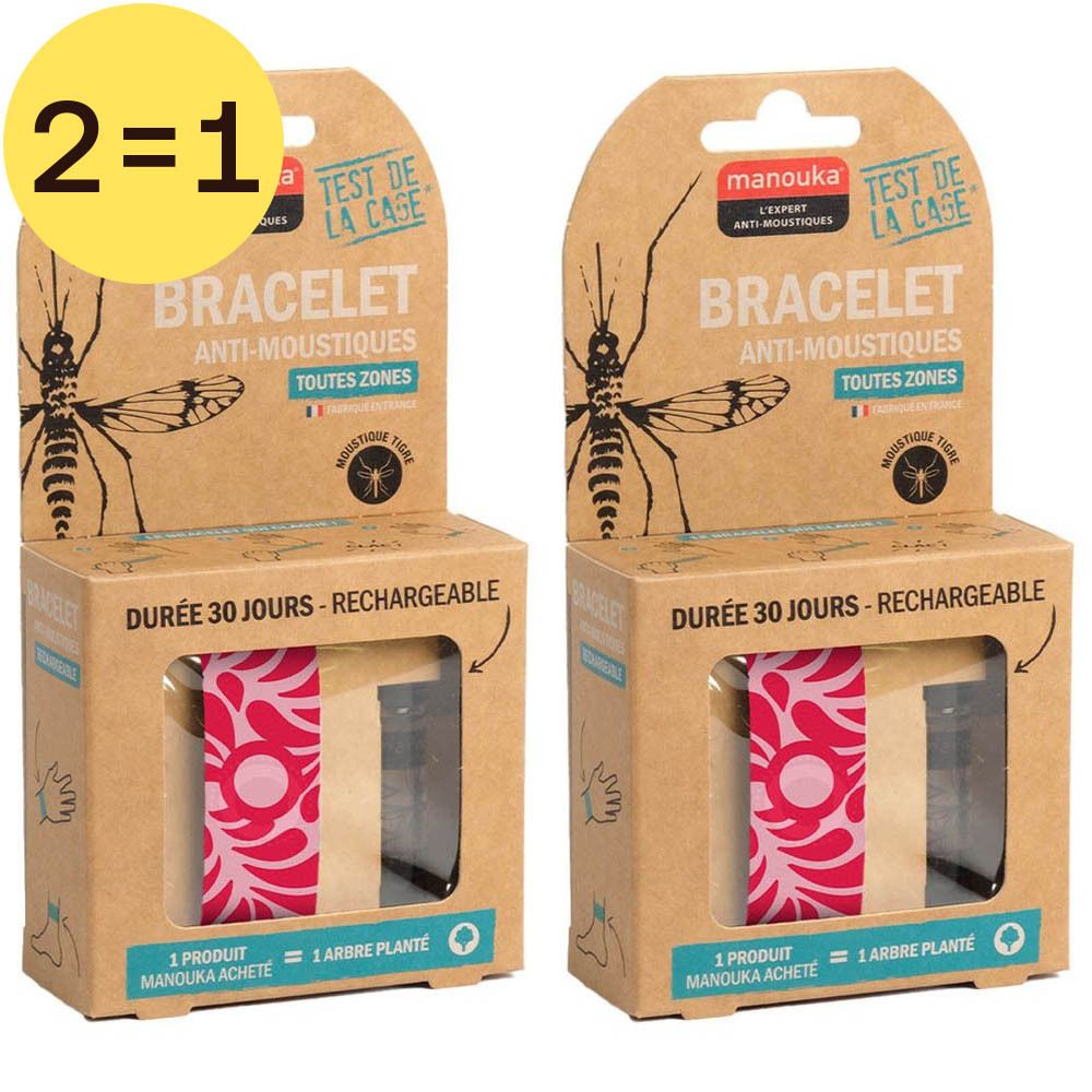 Deux boîtes de bracelets anti-moustiques. Emballage carton avec visuel produit. Texte: "Bracelet Anti-Moustiques".