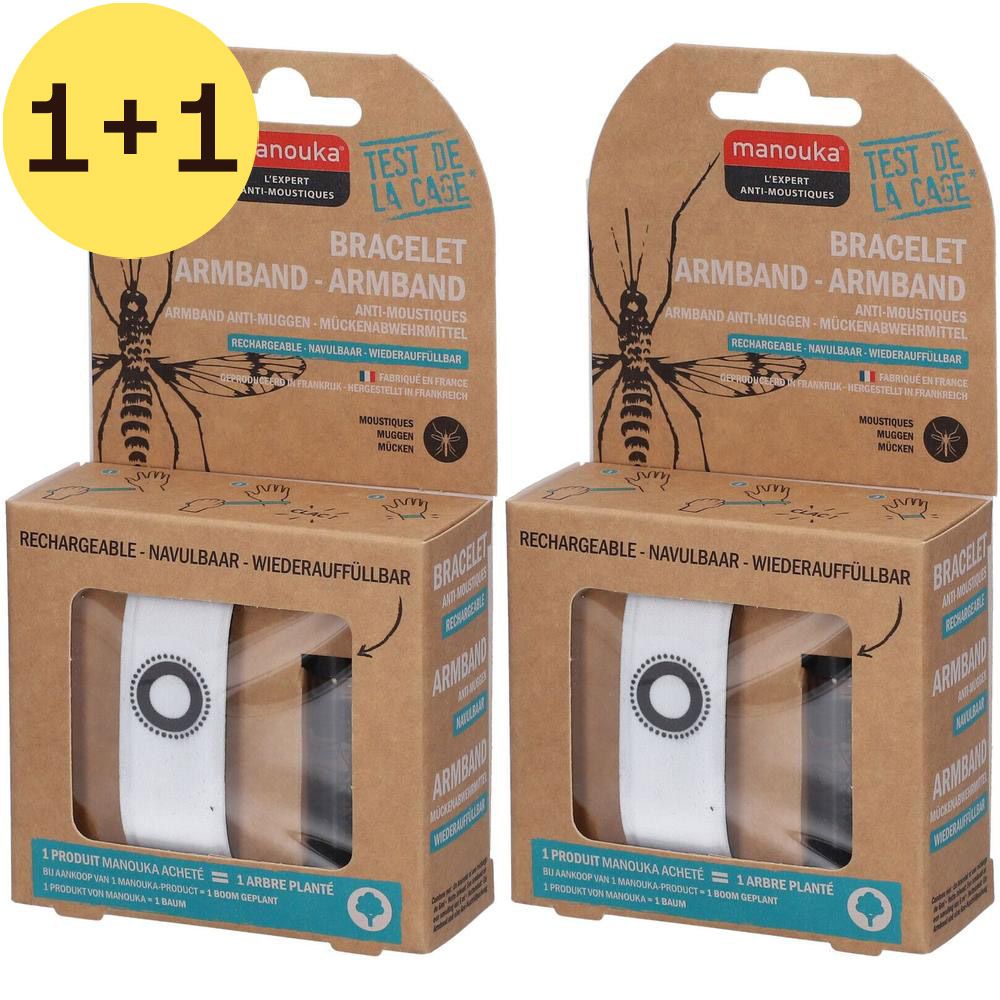 Deux bracelets blancs Manouka. Emballage en carton avec informations produit. Bracelet anti-moustiques.