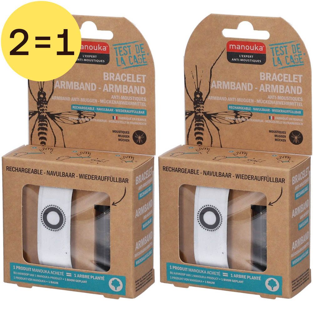 Deux bracelets blancs Manouka. Emballage en carton avec informations produit. Bracelet anti-moustiques.