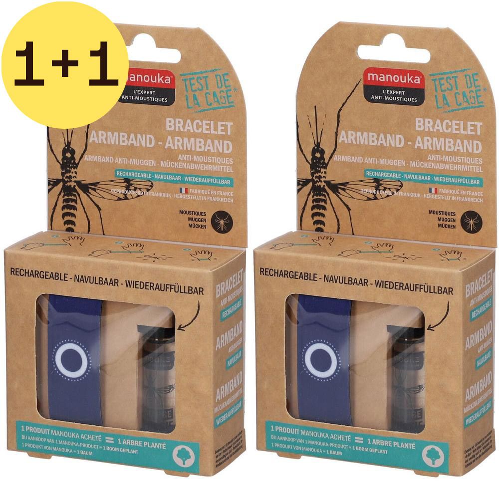 Deux boîtes de bracelets Manouka. Boîtes en carton marron avec éléments bleus. Texte : "2=1", "Bracelet".