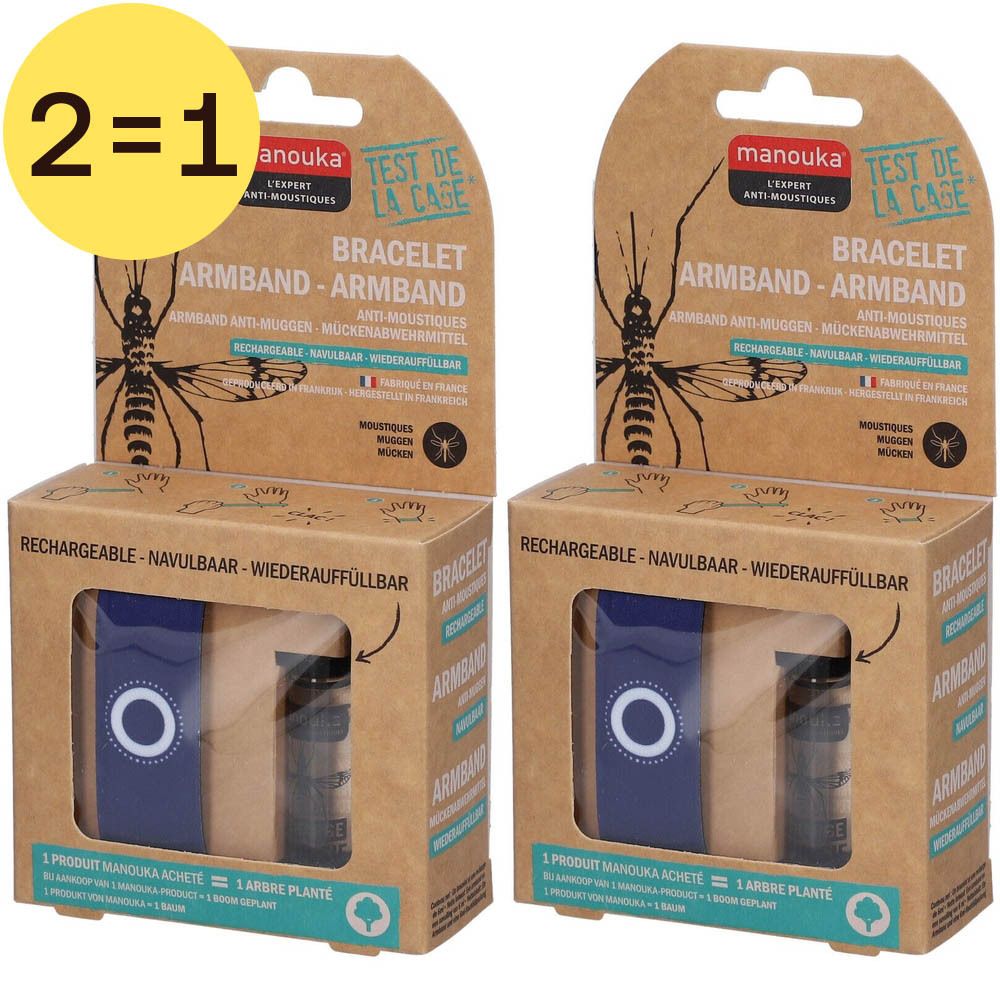 Deux boîtes de bracelets Manouka. Boîtes en carton marron avec éléments bleus. Texte : "2=1", "Bracelet".